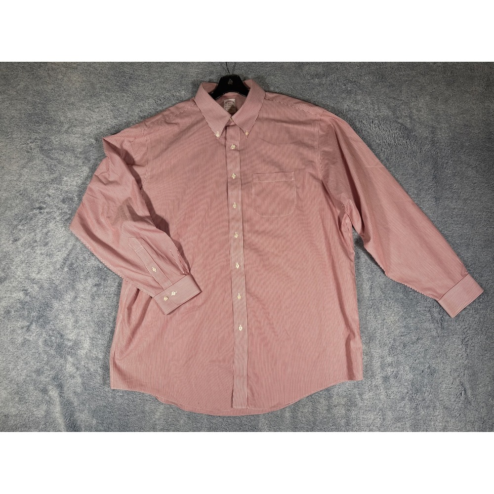 Brooks Brothers 346 Mens 18 6/7 Red White Striped Non-Iron Cotton‎ Dress Shirt